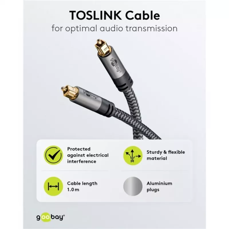 Goobay 65308. Ligação 1: TOSLINK, conector 1 sexo: macho, ligação 2: TOSLINK, conector 2 sexo: macho, material do cabo: