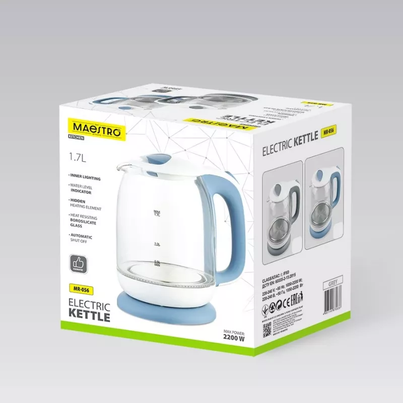 Chaleira elétrica de vidro Maestro MR-056-cinzento 1,7 L 2200 W