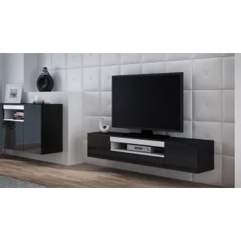 Suporte de TV cama meble VIVA 180 — 1800×400×370 mm, tampo superior preto (aglomerado), estrutura preta, detalhes brancos