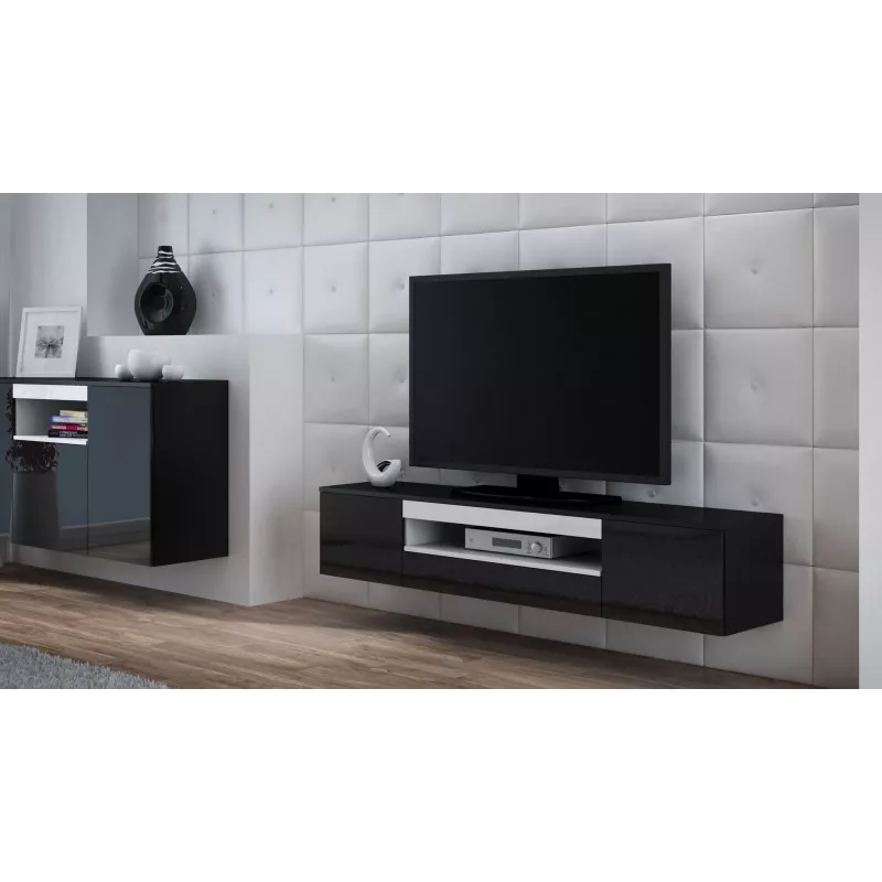 Cama Meble VIVA 180 móvel de TV, preto/preto brilhante + branco