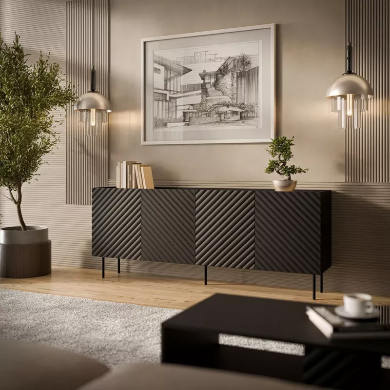 Cómoda cama meble LUCCA 4D, 200×40×80 cm, preta, corpo em aglomerado