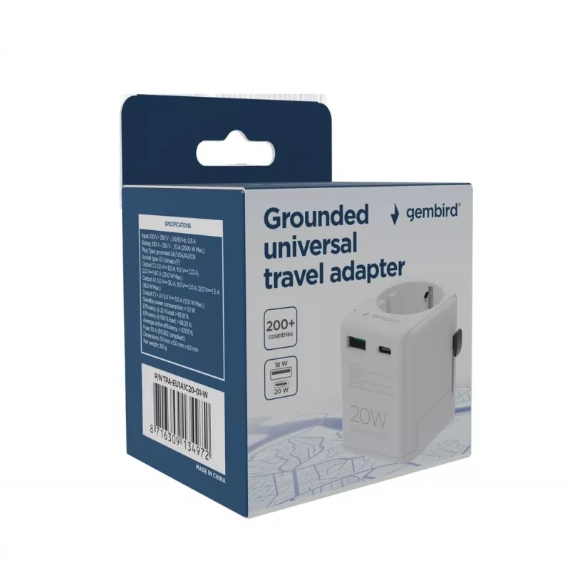 Fonte de alimentação de viagem GEMBIRD TPA-EU1A1C20-01-W 20W, USB-A 18W + USB-C 20W, tomada Schuko, entrada 100–250 V