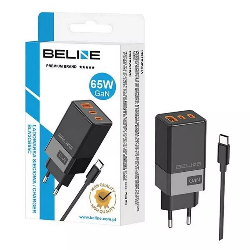 Adaptador de rede Beline 2x USB-C 1x USB 65W cabo USB-C preto/preto PD 3.0