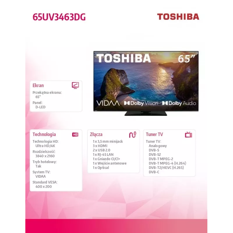 Televisor Toshiba 65UV3463DG 65 polegadas 4K Ultra HD DLED 3840 x 2160
