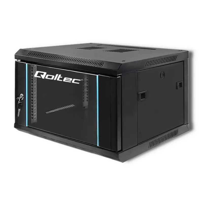 Qoltec 54465 armário rack de parede de 19 polegadas 6U, 600 x 370 x 600 mm, porta de vidro temperado, aço SPCC