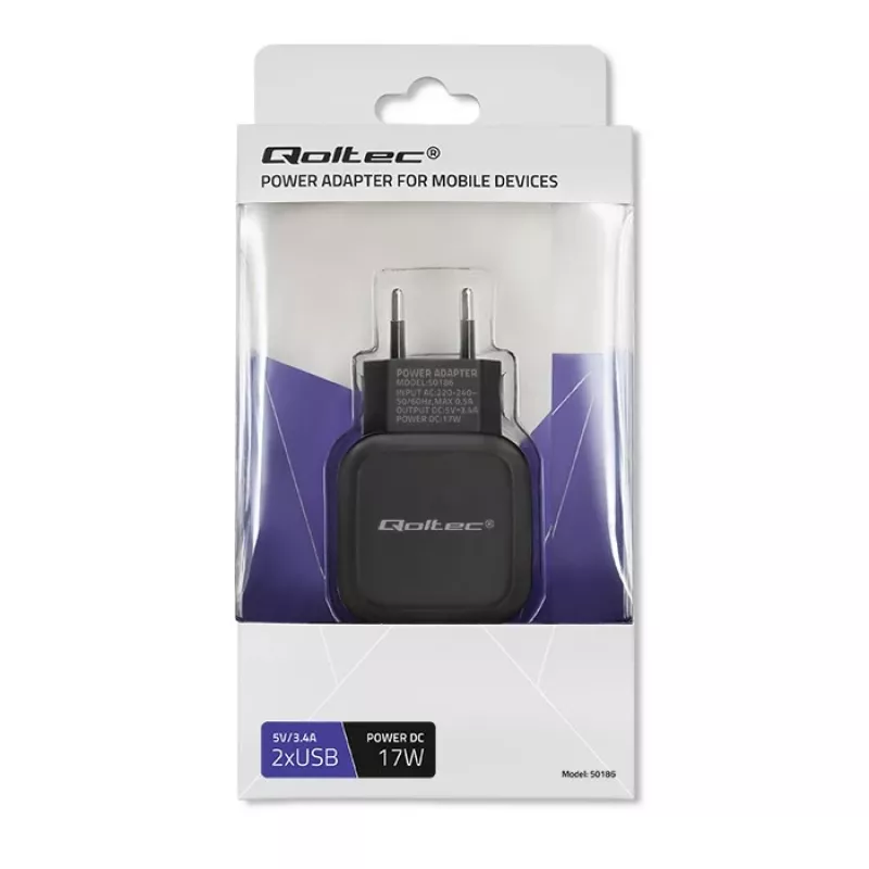 Carregador de parede AC QOLTEC 50186 para smartphone e tablet, 5 V 3.4 A, 17 W, 2× USB, preto
