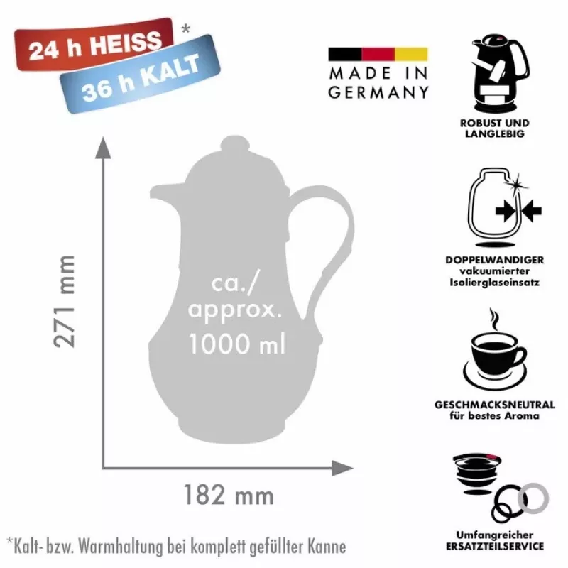 Garrafa térmica ROTPUNKT série 230 1 L, branco (marfim) - recipiente para bebidas com isolamento a vácuo