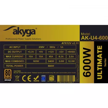 Fonte de alimentação ATX Akyga Ultimate AK-U4-600 600 W, 80 PLUS Bronze, PFC ativo, ventoinha de 120 mm