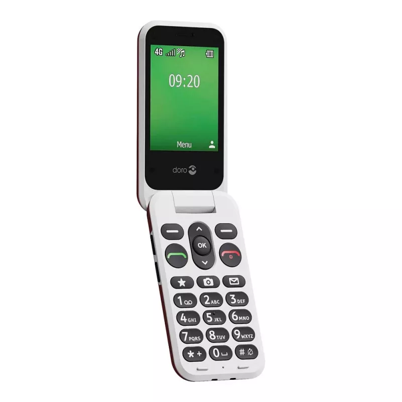 Telemóvel Doro Leva E22, 2,8 polegadas (7,11 cm) ecrã, Single SIM, câmara 0,3 MP, 1150 mAh, 127,8 g, vermelho/branco