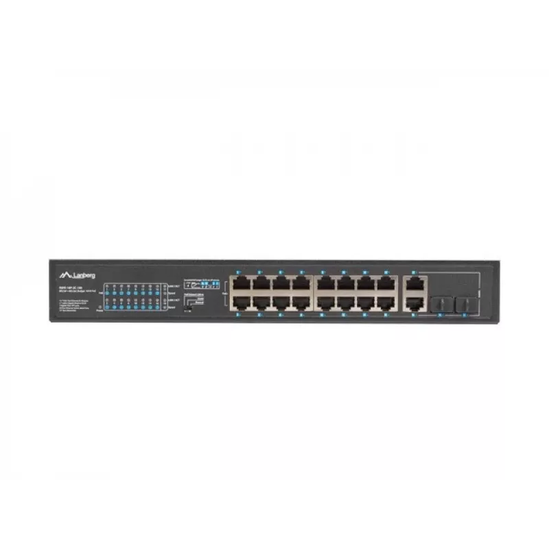 Lanberg RSFE-16P-2C-150 switch PoE+ não gerido, 16x 10/100 PoE+, 2x combo Gigabit, 150 W, rack 1U