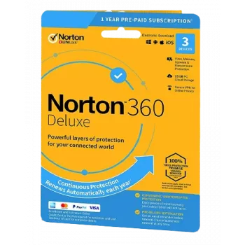 Norton 360 Deluxe | 3 dispositivos | 1 ano | 25 GB de armazenamento na nuvem | UE