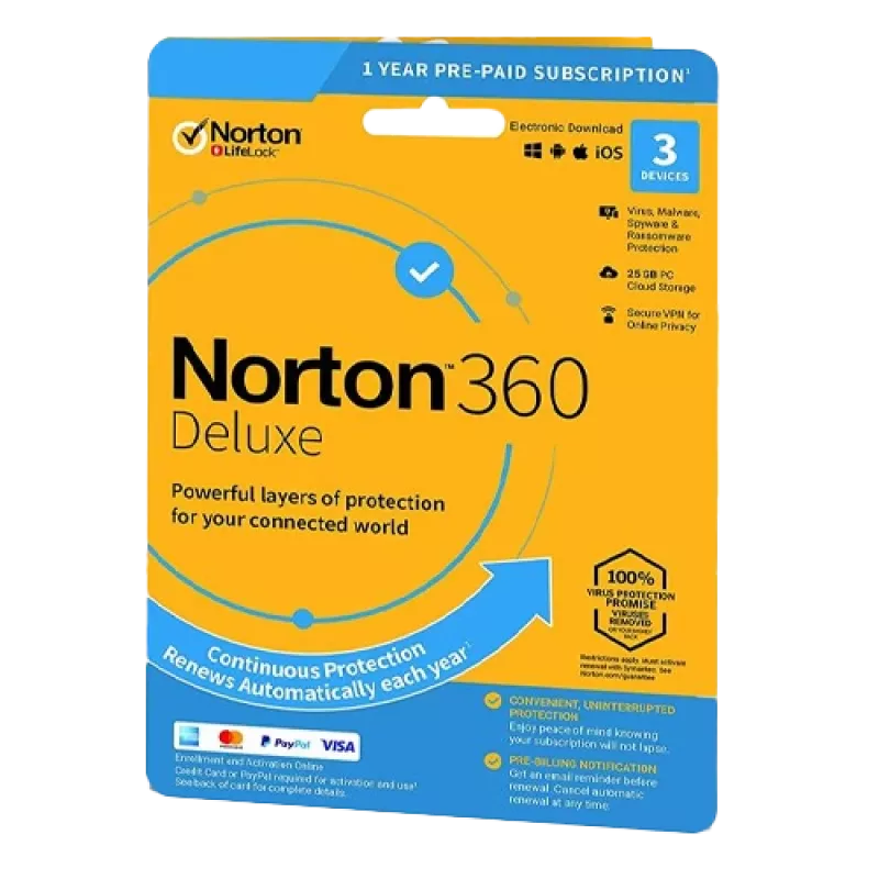 Norton 360 Deluxe | 3 dispositivos | 1 ano | 25 GB de armazenamento na nuvem | UE
