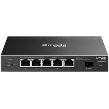 Switch de rede TP‑LINK SG2206MP L2 Gigabit Ethernet PoE 5 portas (5x Gigabit, 1x SFP, PoE+ 4 portas, orçamento 63W)