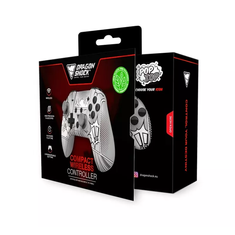 DragonShock PopTop Compact, comando, Nintendo Switch, botão Voltar, D-Pad, botão Home, botão Reset, sem fios, Bluetooth, USB Type-C