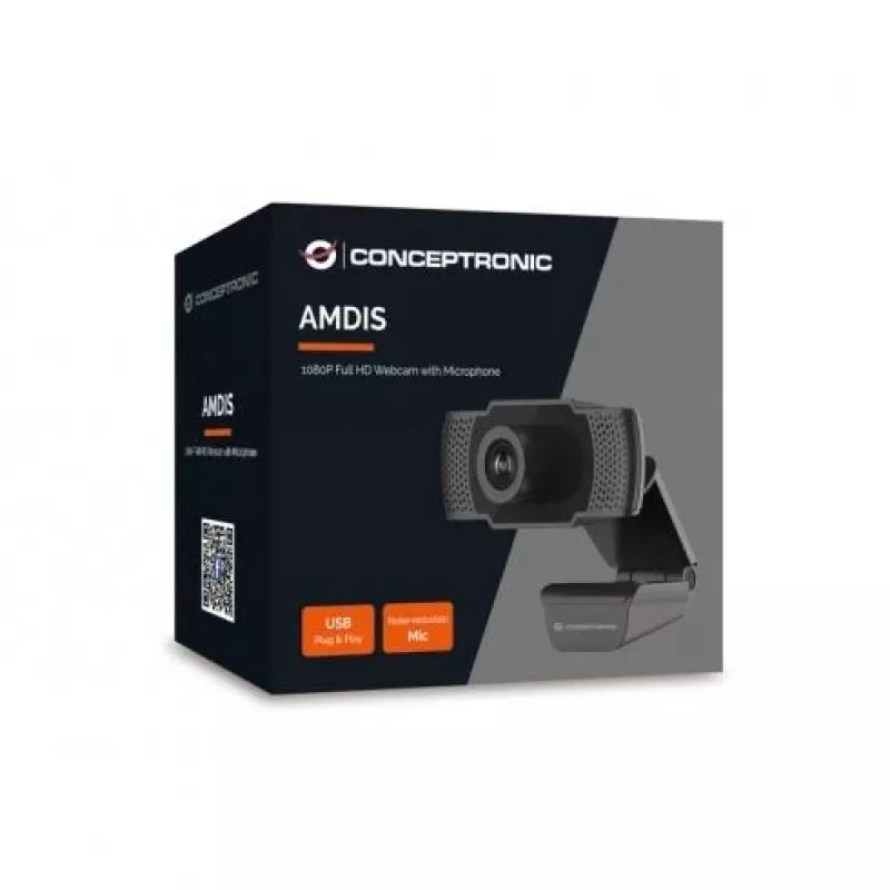 Webcam Conceptronic AMDIS 1080P Full-HD com microfone, 2 MP, 1920 x 1080 píxeis, Full-HD, 30 fps, H.264, M-JPEG, YUV, 90°
