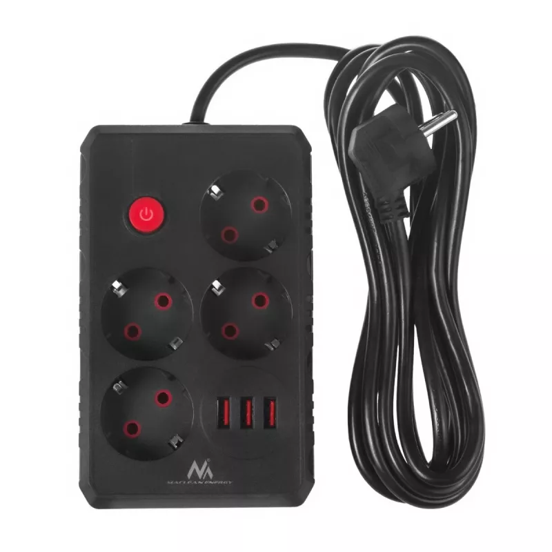 Extensão elétrica MACLEAN MCE393 B — 4 tomadas, 3×USB, 110–240 V, 2500 W, cabo de 3 m, preto