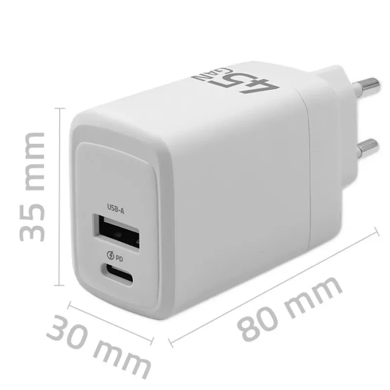 Carregador GaN 45W 5V 20V 1,5A 3A, 1x USB-C PD, 1x USB-A