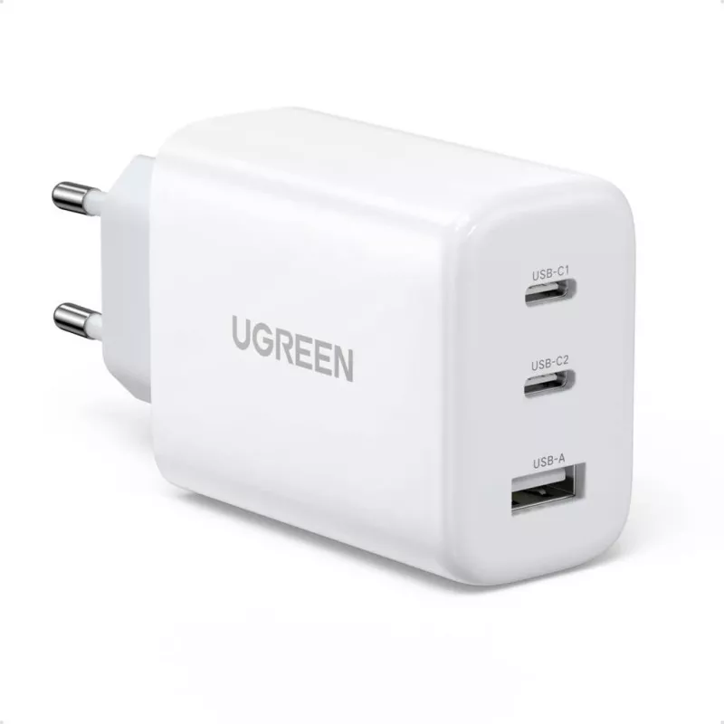 Carregador de parede UGREEN CD275 2× USB Type-C 65W Branco — Carregamento rápido Dual-USB-C 65W, entrada 100–240V