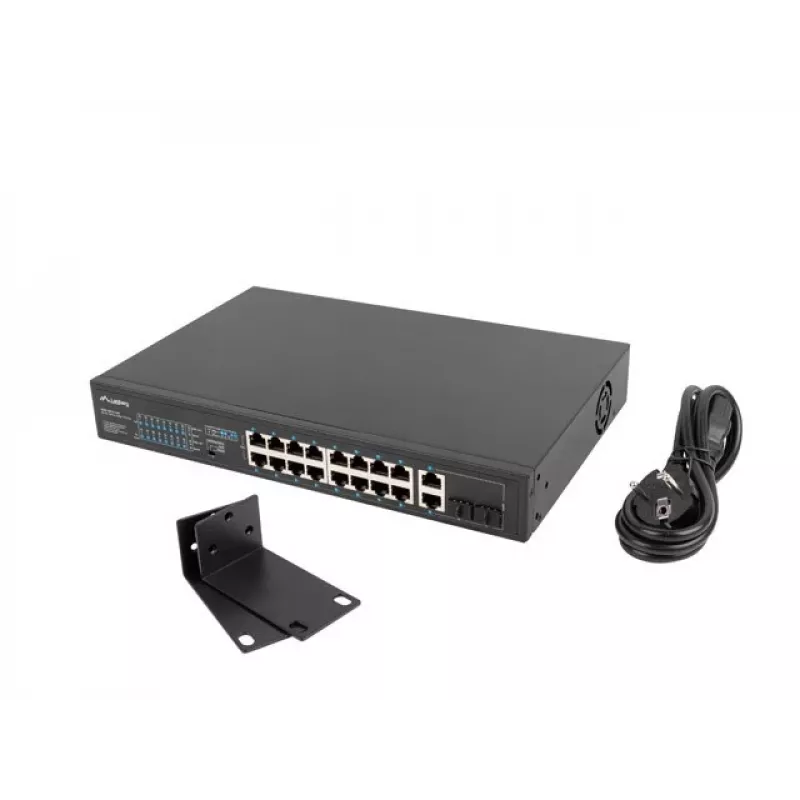 Lanberg RSFE-16P-2C-250 switch PoE+ não gerido, 16x 10/100 PoE+, 2x combo Gigabit, 250 W, rack 1U