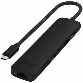 Adaptador multiportas USB-C Slim 7 em 1 Satechi Ethernet (USB-C PD, 2x USB-A, HDMI 4K, Ethernet, leitor de cartões micro/SD) (preto)