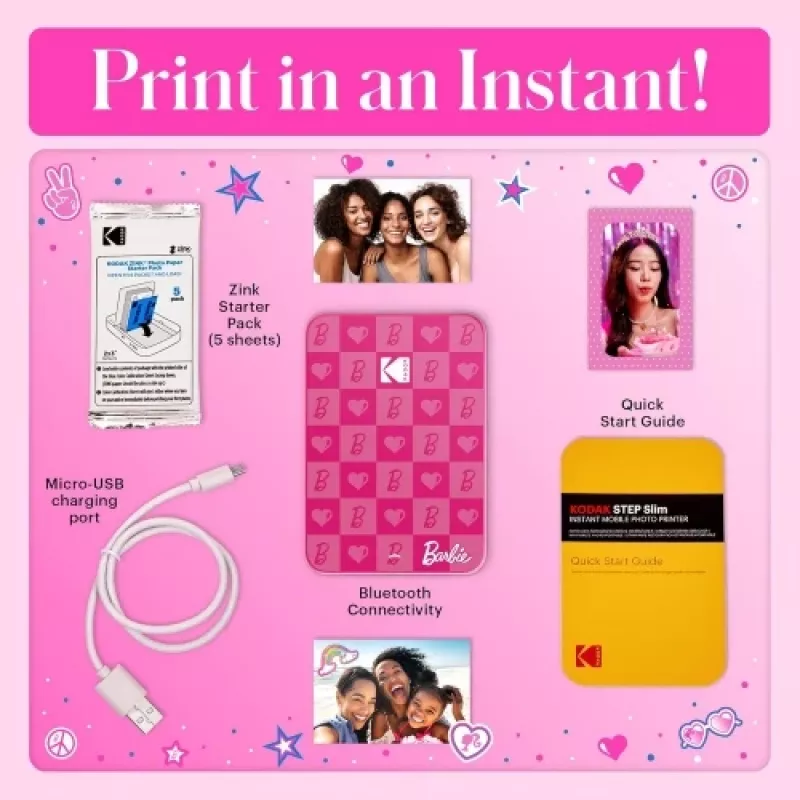 Barbie x Kodak STEP Slim impressora fotográfica móvel instantânea cor ZINK 2x3'' 1 ppm, Bluetooth, rosa