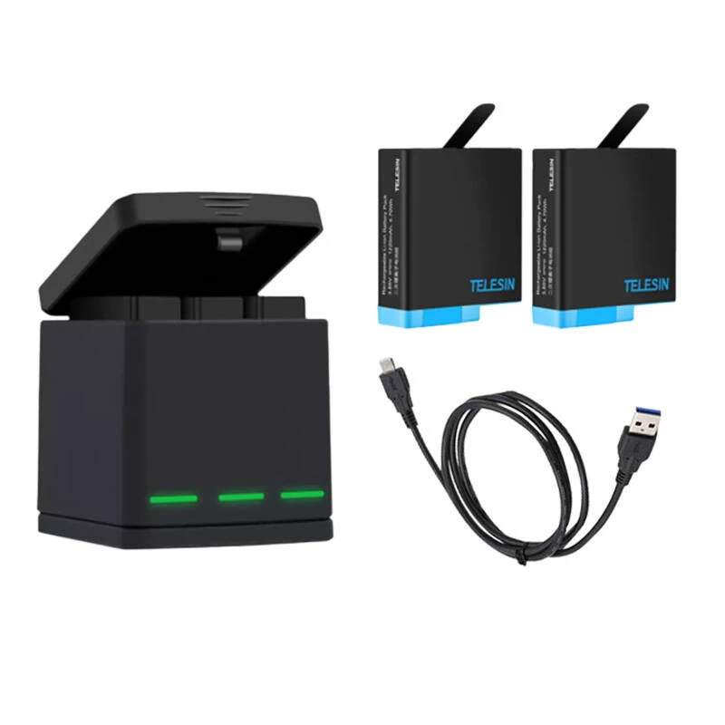 Carregador de três canais Telesin GP-BNC-801 para GoPro Hero5/6/7/8 com compartimento de carregamento para 2 baterias
