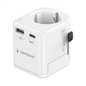 Fonte de alimentação de viagem GEMBIRD TPA-EU1A1C20-01-W 20W, USB-A 18W + USB-C 20W, tomada Schuko, entrada 100–250 V