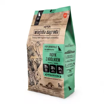 Comida seca para cães wiejskazagroda Peru com Coelho S 9 kg — alimento completo para cães pequenos adultos, proteína 32%, gordura 21%