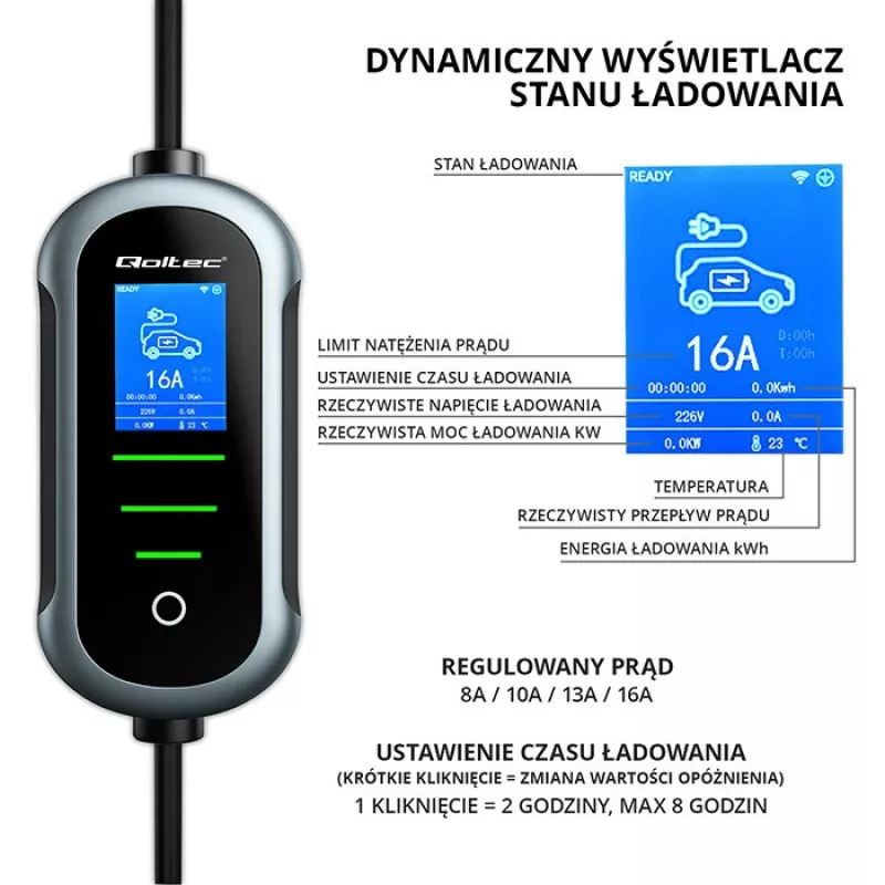 Carregador para veículos elétricos QOLTEC Mobile EV 2in1 Type2 11 kW 400 V Wi‑Fi TUYA SMART LIFE LCD wallbox portátil cabo 5 m