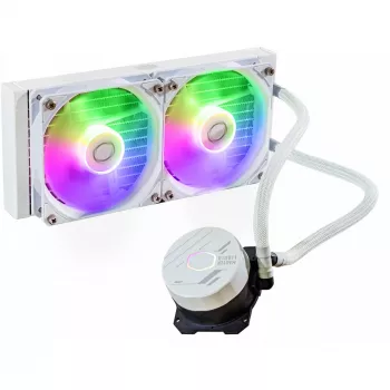 Kit de refrigeração líquida Cooler Master MasterLiquid 240L Core ARGB branco — radiador de 240 mm, ventoinha de 120 mm, compatível com LGA1700/AM5/AM4 e sockets mais antigos