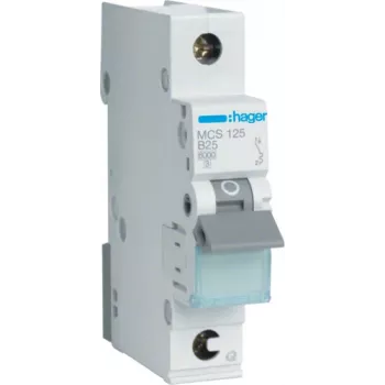 Hager MCS125. Corrente nominal: 25 A. Tipo: característica C, número de módulos (máx.): 1 módulo(s). Largura: 17,5 mm, Profundidade: 70 mm, Altura: 83,4 mm (MCS125)
