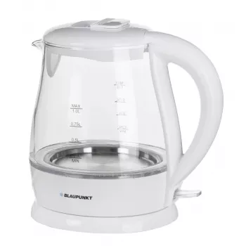 Chaleira elétrica BLAUPUNKT 1 L 1630 W branca — corpo de vidro, base de 360°, abertura por botão