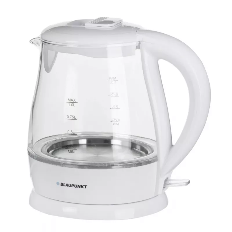 Chaleira elétrica BLAUPUNKT 1 L 1630 W branca — corpo de vidro, base de 360°, abertura por botão