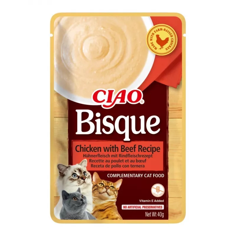 Saquetas de comida húmida para gatos INABA CIAO Bisque — mistura de frango, vaca e peixe, 10 x 40 g