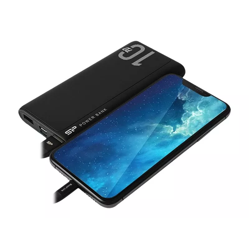 Powerbank Silicon Power QP15 10000 mAh, LiPo, 2x USB-A + 2x USB-C, entrada Micro-USB, preto