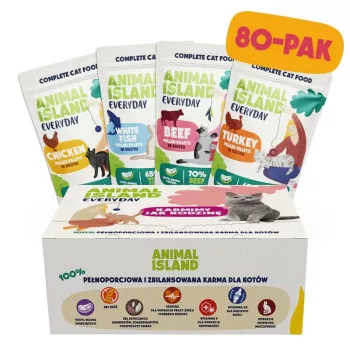 ANIMAL ISLAND peru / peixe branco / vaca / filetes de frango em caldo - comida húmida para gatos - 80x85g