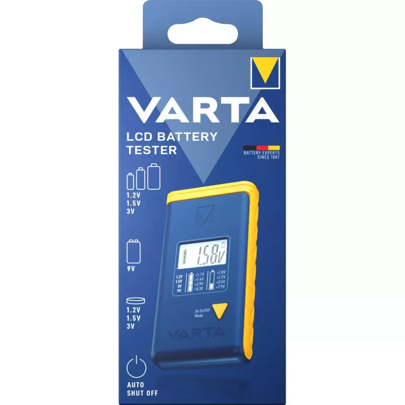 Testador de pilhas Varta 00893 101 111 LCD digital portátil para AA AAA 9V pilhas botão