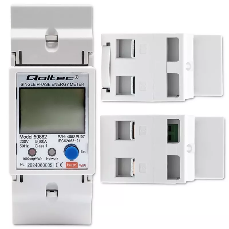 Contador de consumo de energia eletrónico monofásico Qoltec 50882 para calha DIN | Wi-Fi | TUYA | 230V | LCD