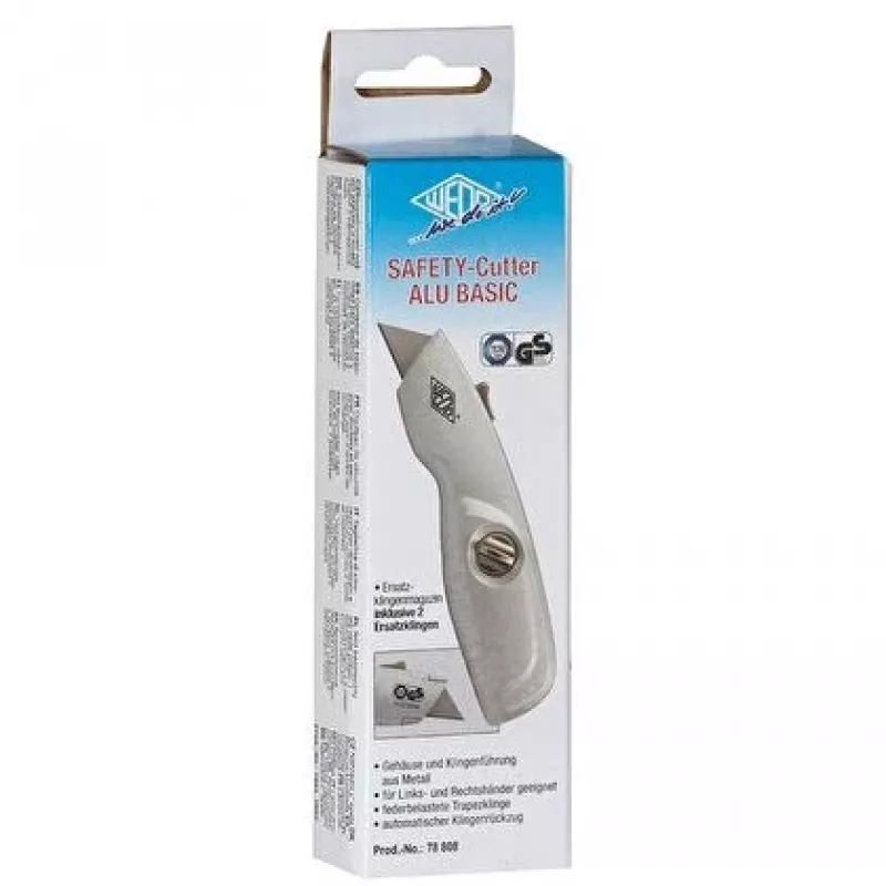 WEDO 78808 Safety-Cutter ALU x-ato, lâmina trapezoidal, com mola, retração automática, 2 lâminas sobresselentes, TÜV/GS, prateado