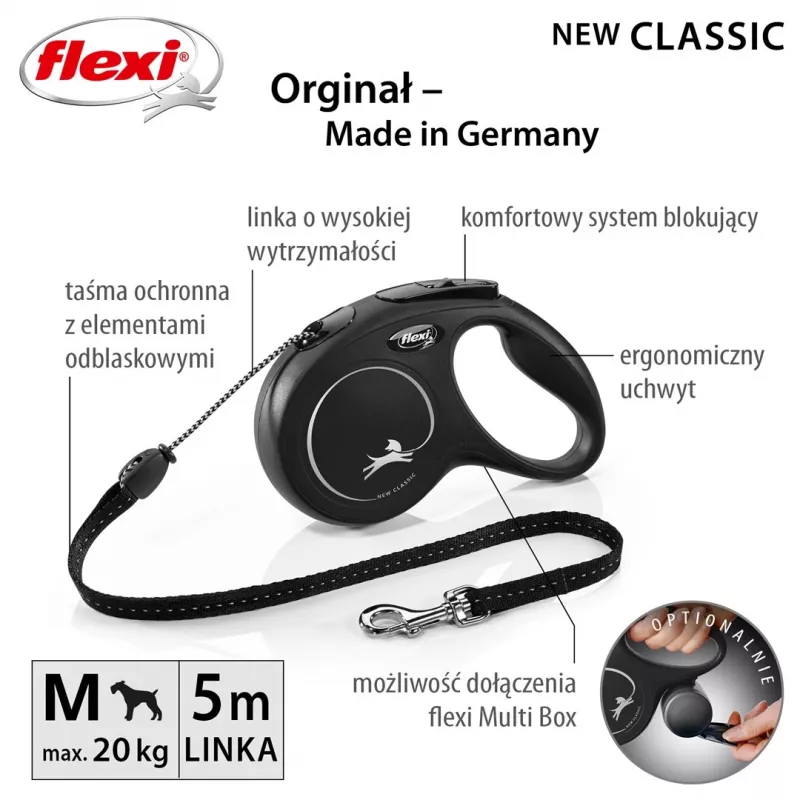 Trella Flexi Classic 5 m preta para cães de porte médio, corda, carga máx. 20 kg, elementos refletores