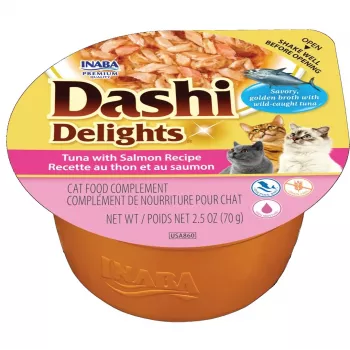 Comida húmida para gatos INABA Dashi Delights receita de atum com salmão, 70 g, alimento húmido complementar, 90 % humidade, sem glúten nem soja