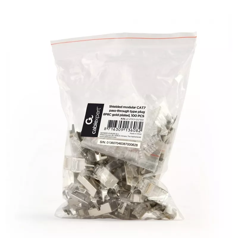 Ficha RJ45 GEMBIRD CAT7 8P8C banhada a ouro 15µ FTP/SFTP, pack de 100