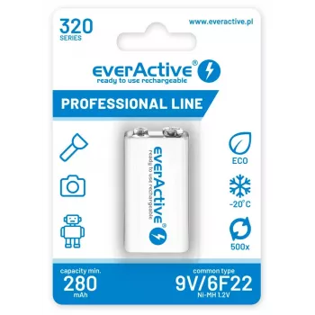 Pilha recarregável everActive EVHRL22-320 9V NiMH prismática 8,4V, 55 g, 48,5 mm