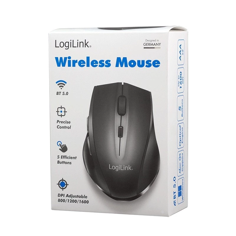 Rato sem fios Logilink BT5.0, ergonómico, preto