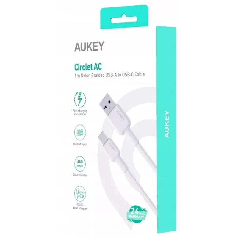 Cabo de nylon branco AUKEY CB-NAC1 USB-C para USB-A