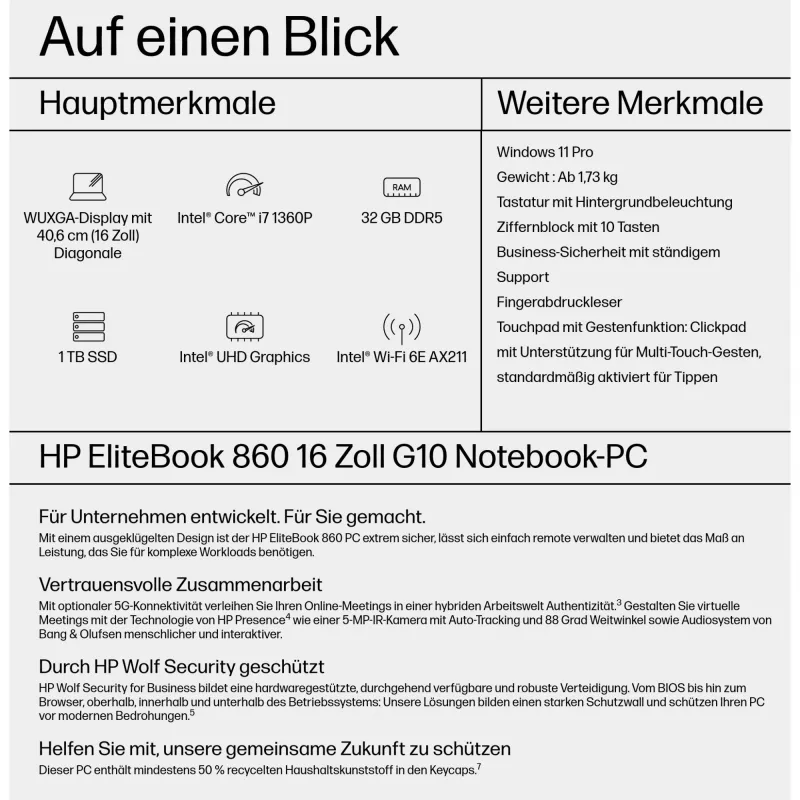 HP EliteBook 860 G10 Portátil - Intel Core i7 1360P / 1,9 GHz - Evo - Win 11 Pro - Placa gráfica Intel Iris Xe - 32 GB RAM - 1 TB SSD NVMe, TLC - 40,64 cm (16)