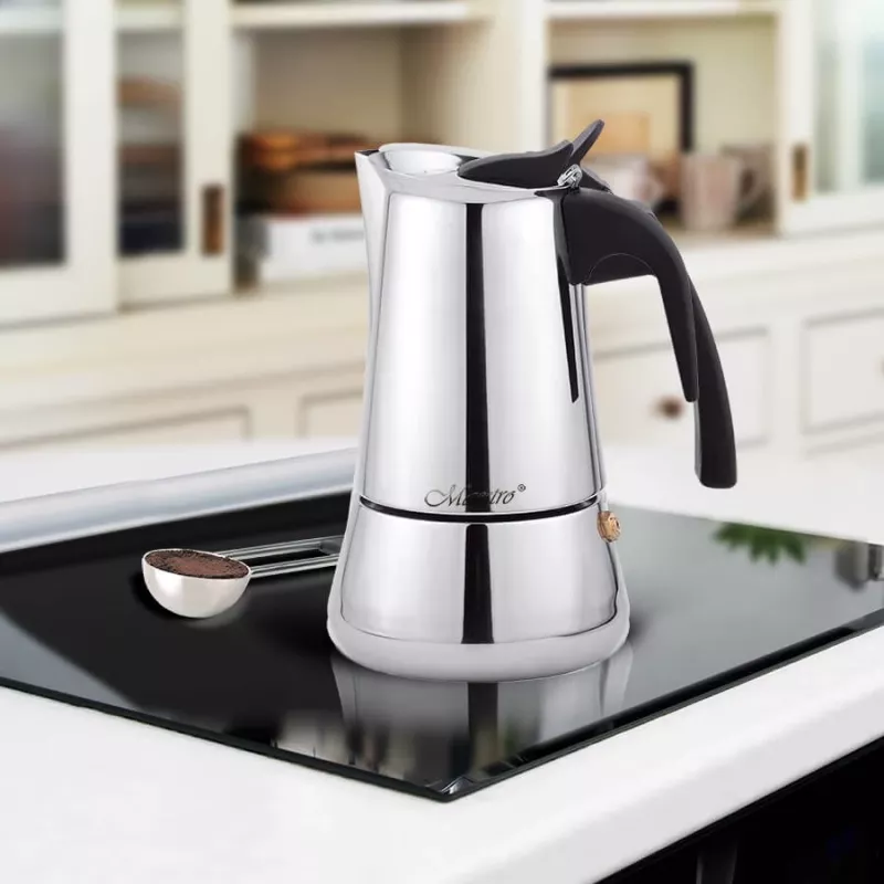 Cafeteira moka Maestro MR-1660 0,2 L cafeteira de espresso em aço inoxidável, 4 chávenas, pega preta