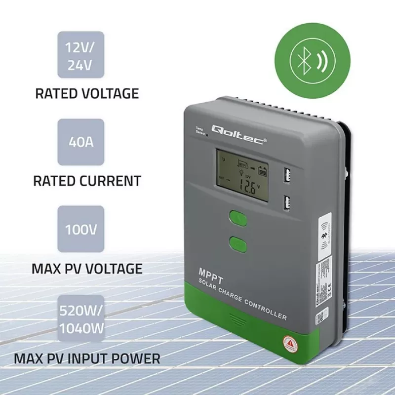 Controlador de carga solar MPPT QOLTEC 40A 12V/24V com ecrã LCD