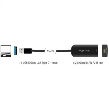 Adaptador DeLOCK 66045 USB 5 Gbps Type-A para 2,5 Gigabit LAN RJ45 preto