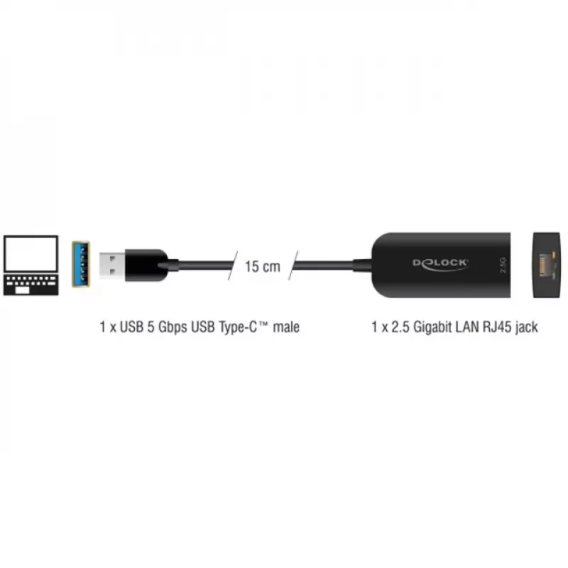 Adaptador DeLOCK 66045 USB 5 Gbps Type-A para 2,5 Gigabit LAN RJ45 preto